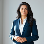 A confident woman with radiant, healthy, and voluminous dark hair, standing in a brightly lit, modern minimalist space. Her hair appears perfectly balanced and free from oiliness, reflecting a natural sheen. She is wearing a modest, professional business attire, fully clothed, appropriate attire. The overall atmosphere is serene and empowered. Perfect anatomy, correct proportions, natural pose, well-formed hands, proper finger count, natural body proportions, safe for work, appropriate content, professional, high-quality studio photography, soft natural light.