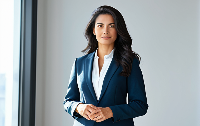 A confident woman with radiant, healthy, and voluminous dark hair, standing in a brightly lit, modern minimalist space. Her hair appears perfectly balanced and free from oiliness, reflecting a natural sheen. She is wearing a modest, professional business attire, fully clothed, appropriate attire. The overall atmosphere is serene and empowered. Perfect anatomy, correct proportions, natural pose, well-formed hands, proper finger count, natural body proportions, safe for work, appropriate content, professional, high-quality studio photography, soft natural light.